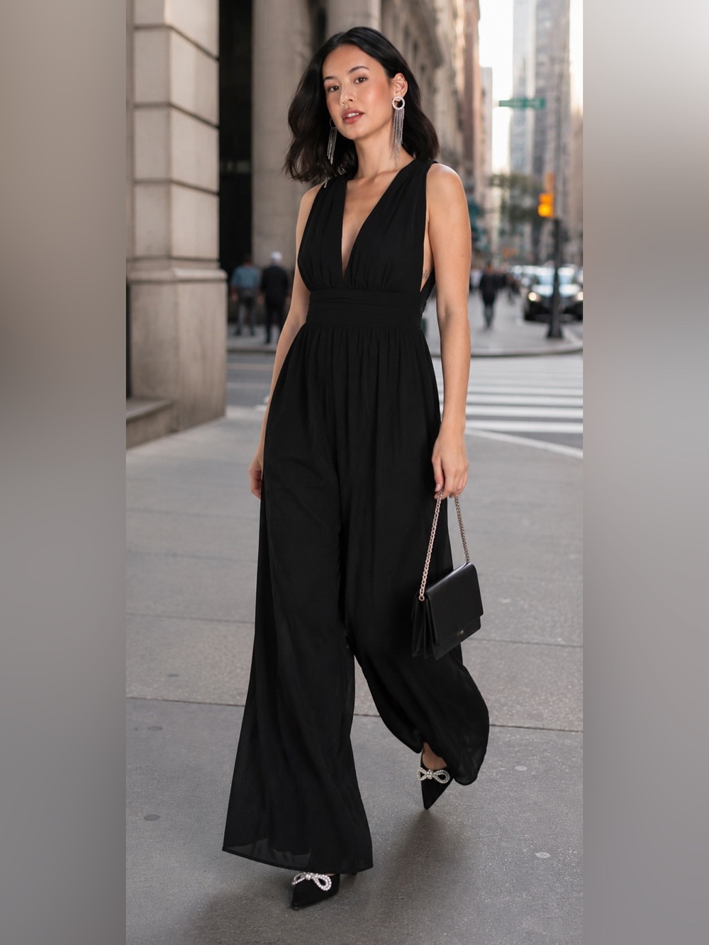 Lulu's Elegant Black Deep-V Wide-Leg Jumpsuit